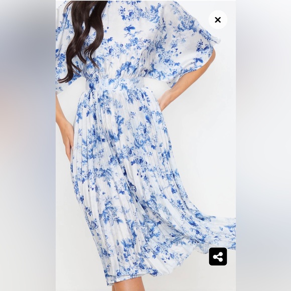 Pastel Blue Floral Print Open Back Pleated Midi Dress - Picture 4 of 7